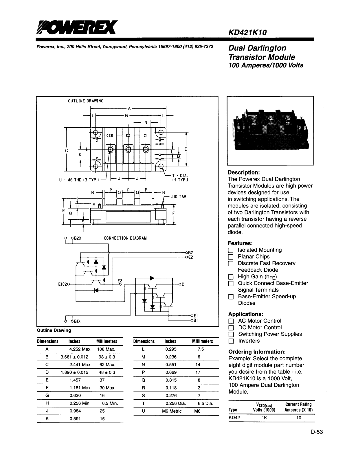 POWEREX KD421K10 Datasheet