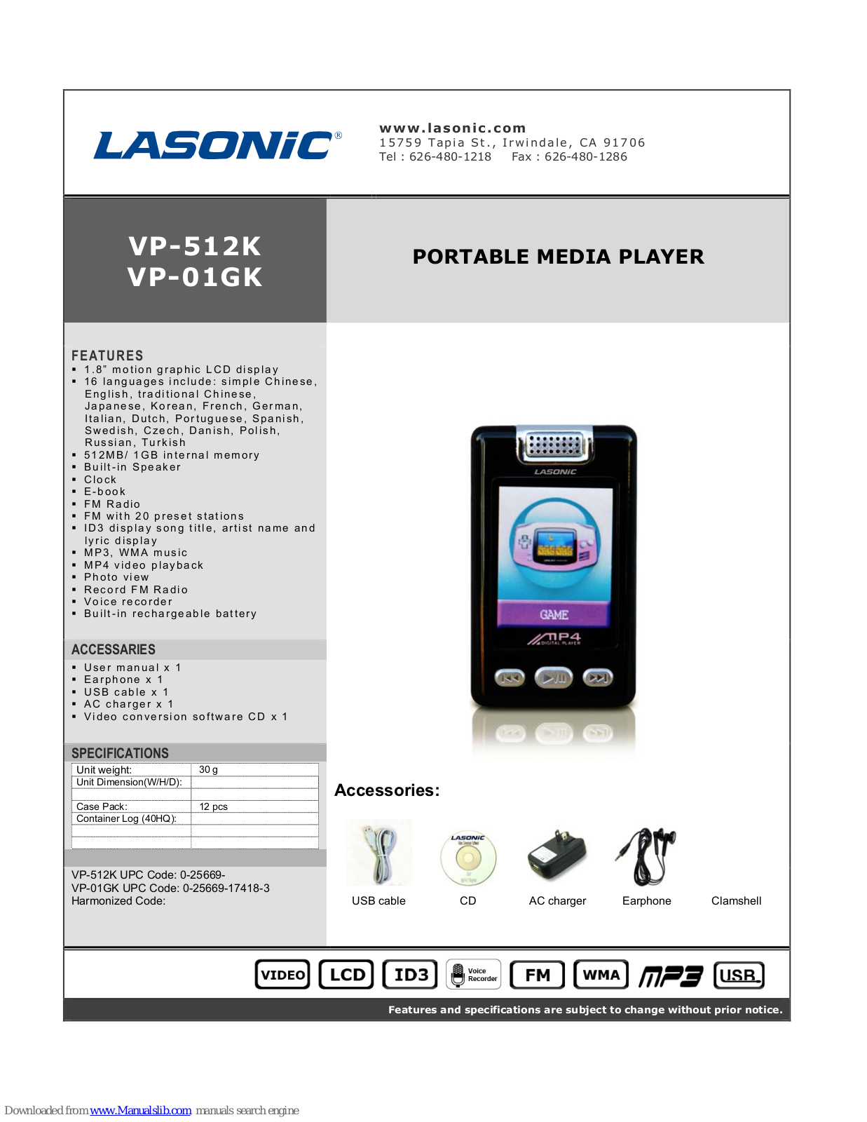 Lasonic VP-01GK, VP-512K Specifications - ManualMachine.com