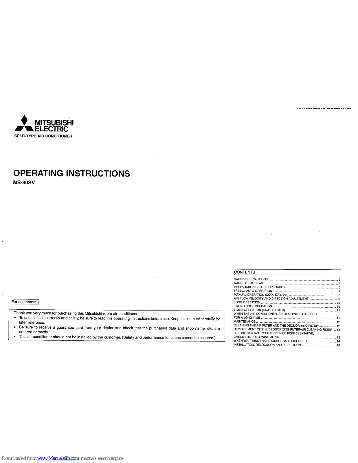 Mitsubishi MS-30SV Operating Instructions Manual