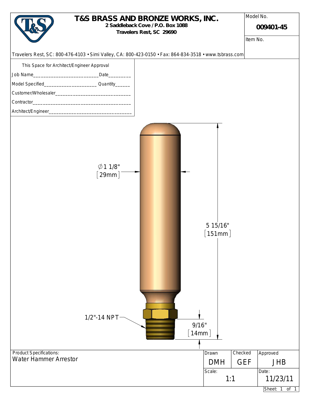 T&S Brass 009401-45 User Manual