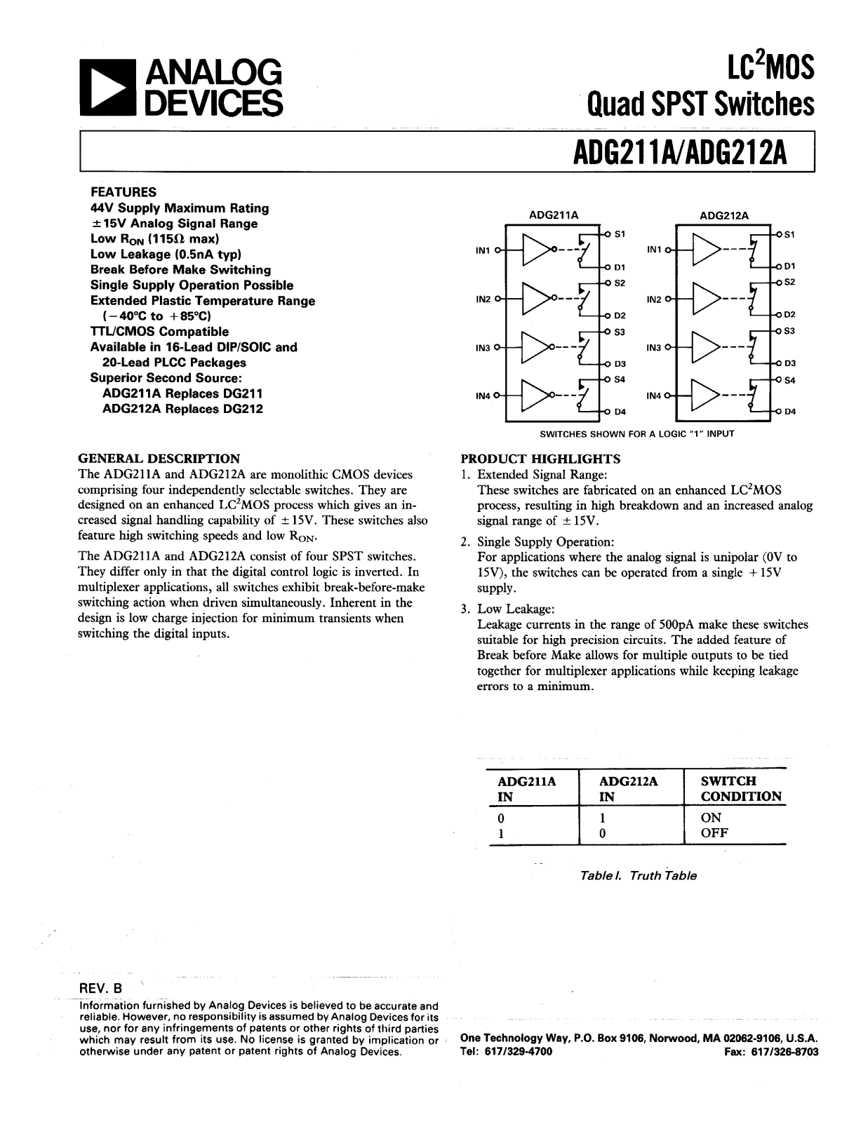 Analog Devices ADG212A, ADG211A Datasheet