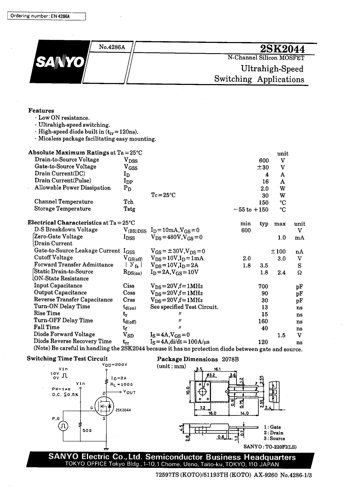 SANYO 2SK2044 Datasheet