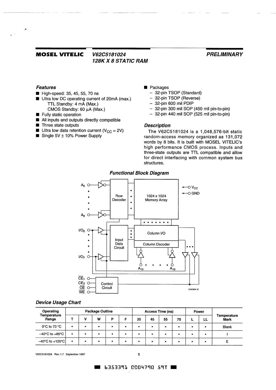 Mosel Vitelic V62C5181024LL-70WE, V62C5181024LL-70VI, V62C5181024LL-70VE, V62C5181024LL-70V, V62C5181024LL-70TE Datasheet