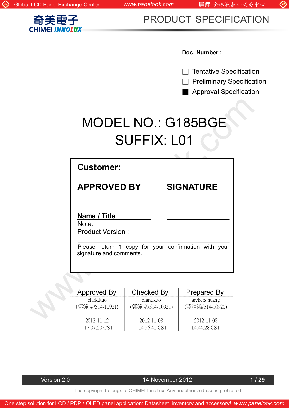 CHIMEI INNOLUX G185BGE-L01 Specification