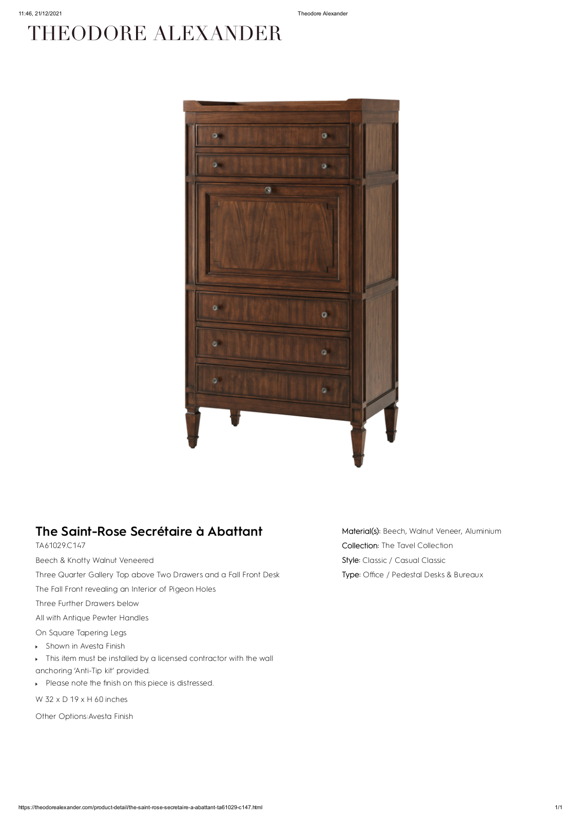 Theodore Alexander FPLJ3953 Specifications - ManualMachine.com