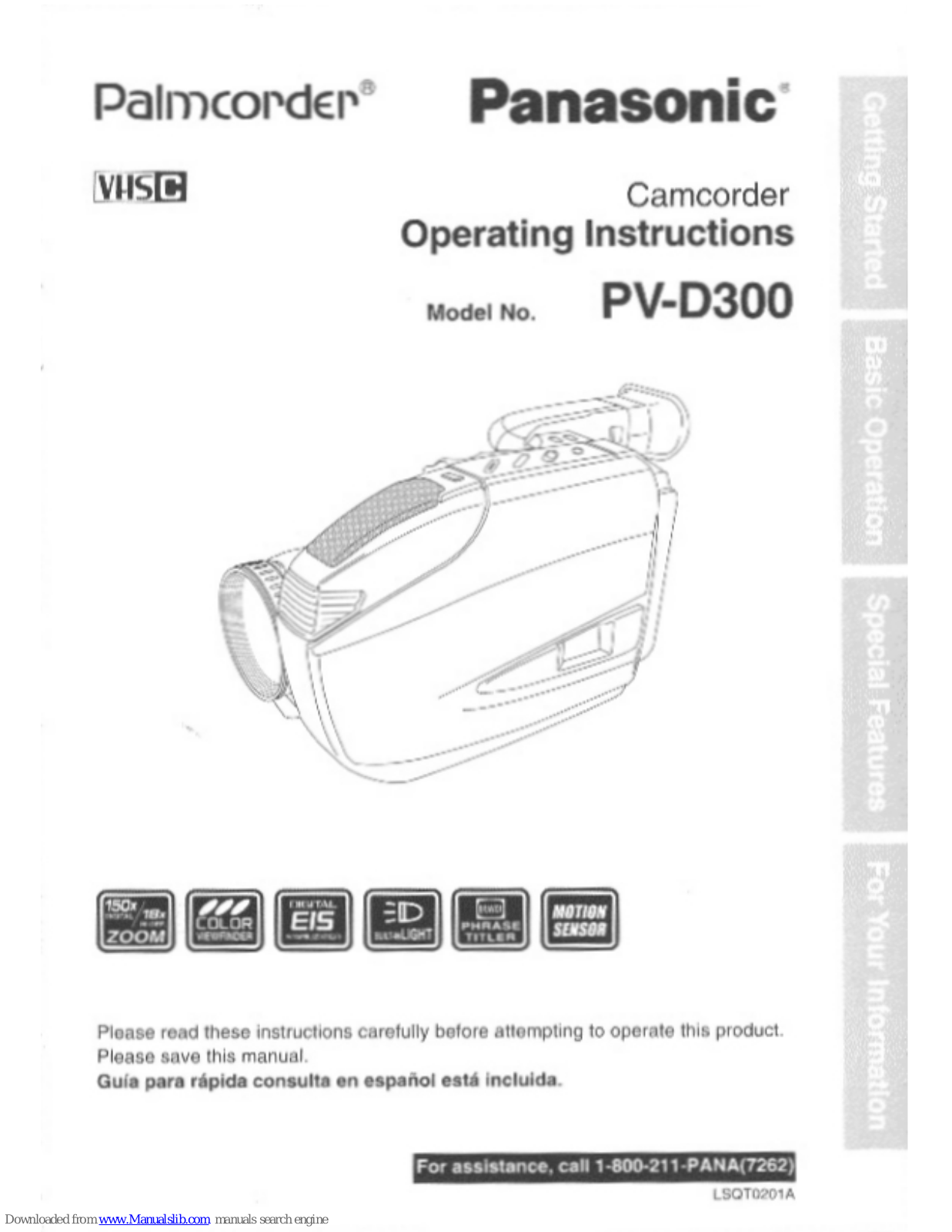 Panasonic Palmcorder PV-D300, PVD300D - VHS-C PALMCORDER Operating Instructions Manual