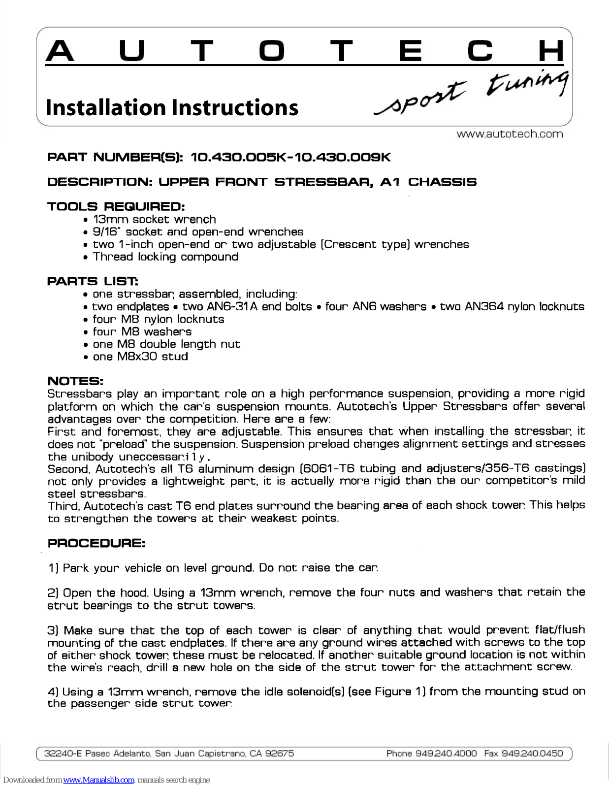 AUTOTECH 10.430.005K, 10.430.006K, 10.430.007K, 10.430.008K Installation Instructions Manual