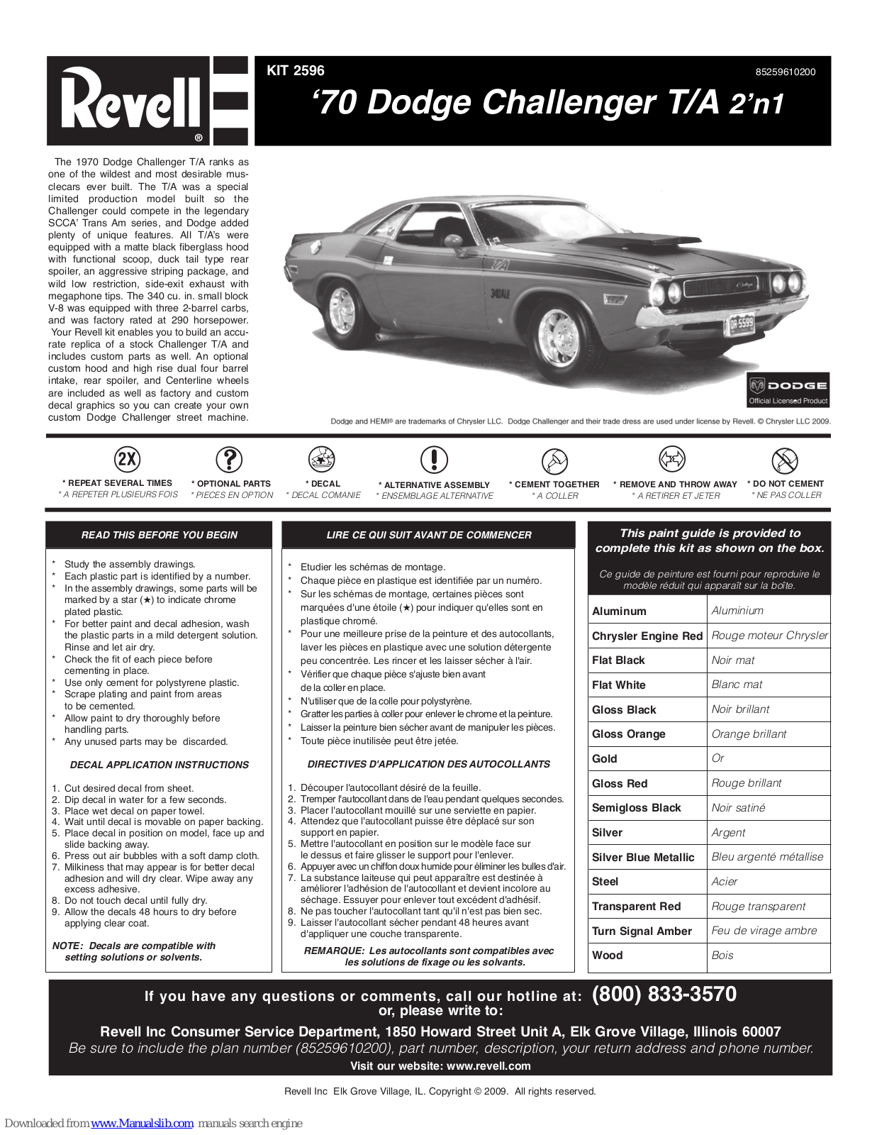 REVELL ‘70 Dodge Challenger T/A 2’n1, ‘70 Dodge Challenger T/A 2’n1 2596 Assebly Instructions