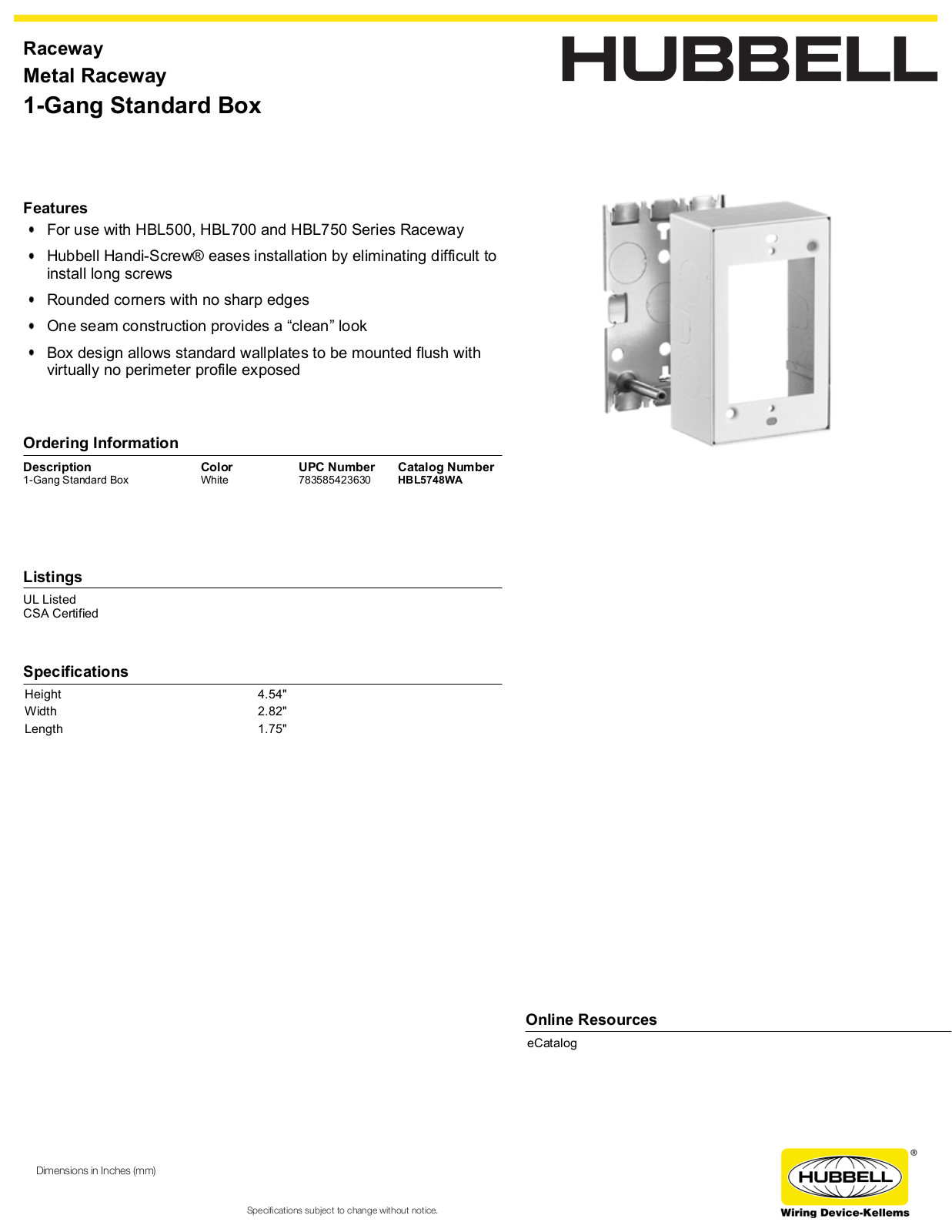 Hubbell HBL5748WA Specifications