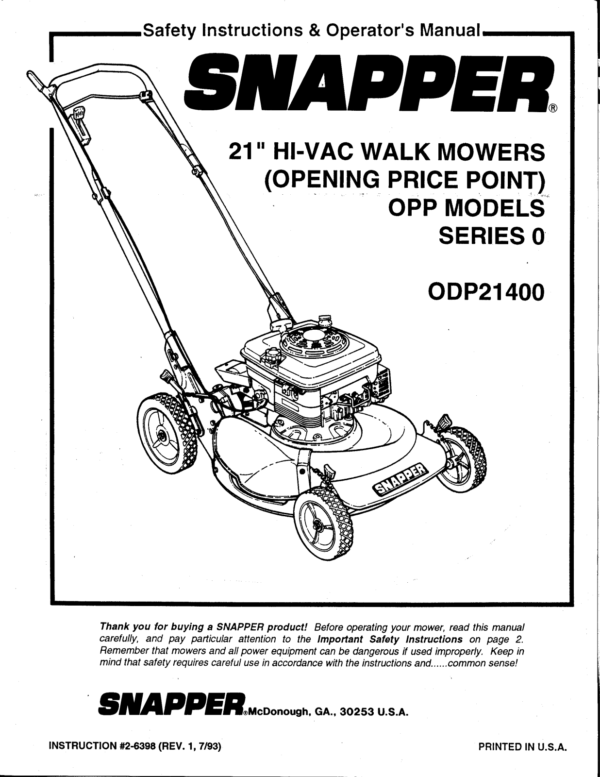 Snapper ODP21400 User Manual