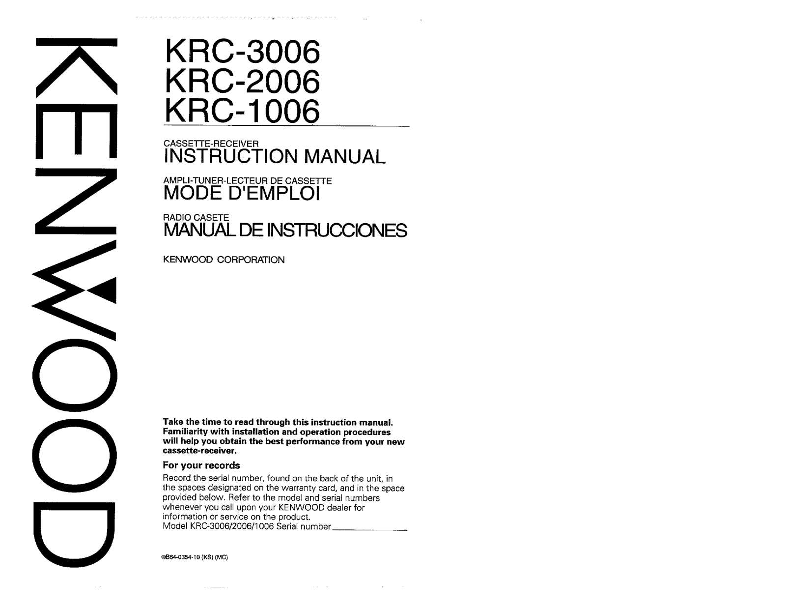 Kenwood KRC-3006, KRC-1006, KRC-2006 Owner's Manual