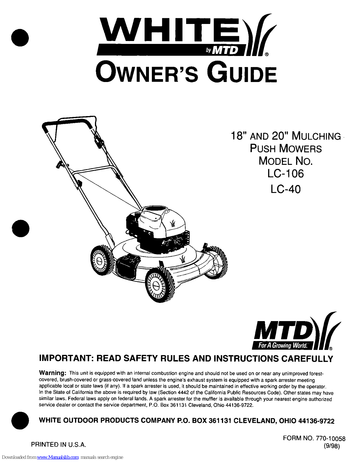 White Outdoor LC-106, LC-40 Owner's Manual