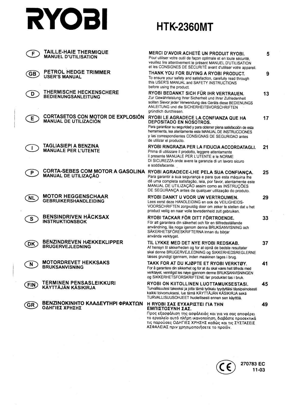 Ryobi HTK2360MT User Manual