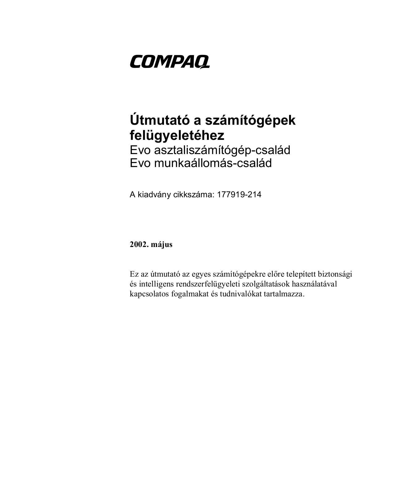 Hp COMPAQ EVO D310 MICROTOWER, COMPAQ EVO D510 SMALL, COMPAQ EVO D510 CONVERTIBLE MINITOWER User Manual