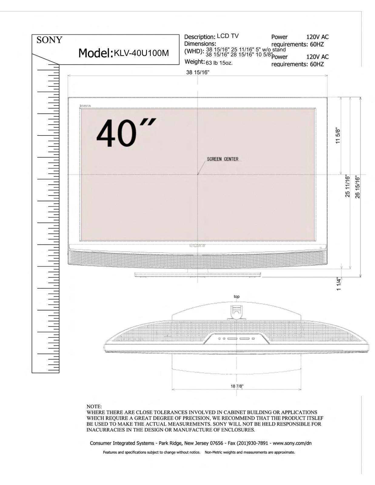 Sony KLV-40U100M Dimensions Diagram