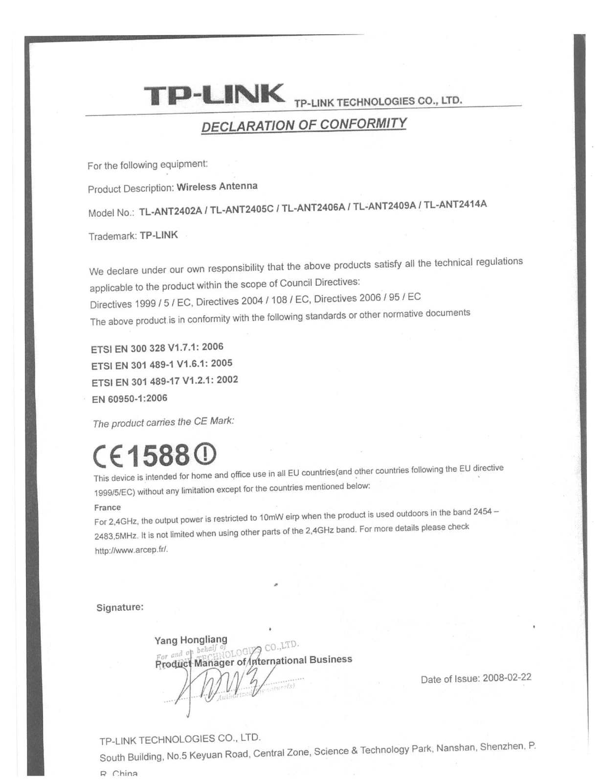 TP-Link TL-ANT2409A, TL-ANT2405C Declaration of Conformity