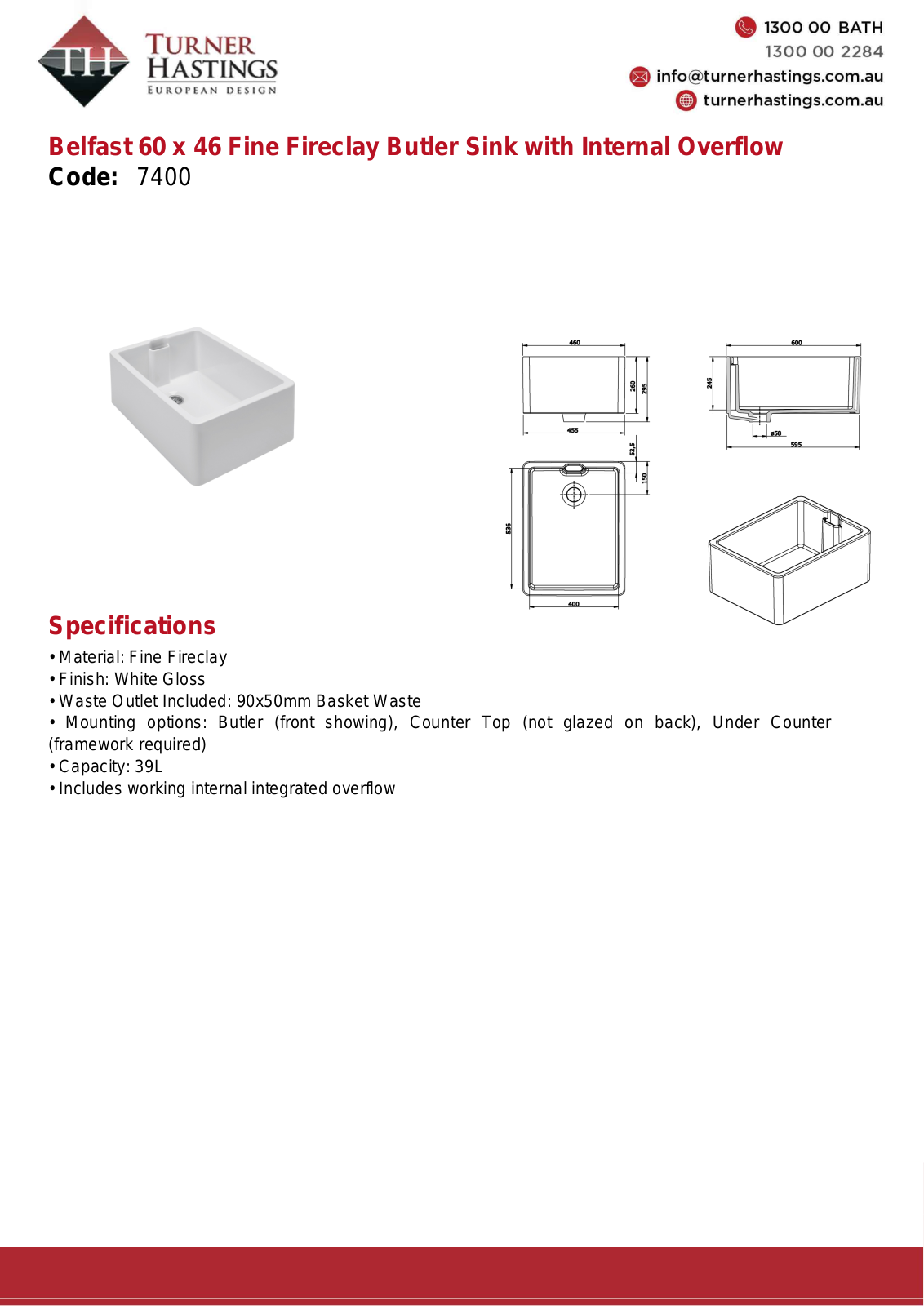 Turner Hastings 7400 Specifications Sheet