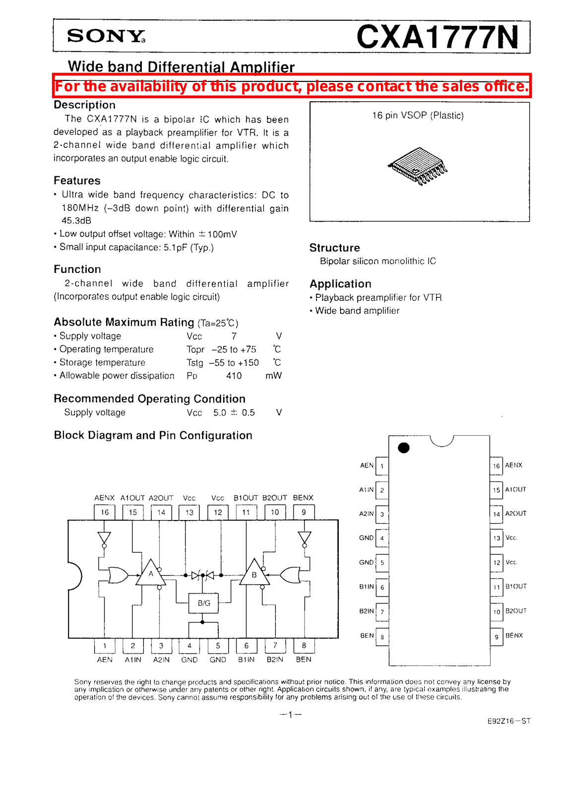 Sony CXA1777N Datasheet