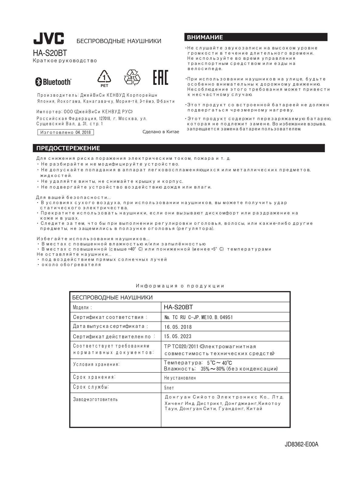 JVC HA-S20BT-B-E, HA-S20BT-A-E User Manual