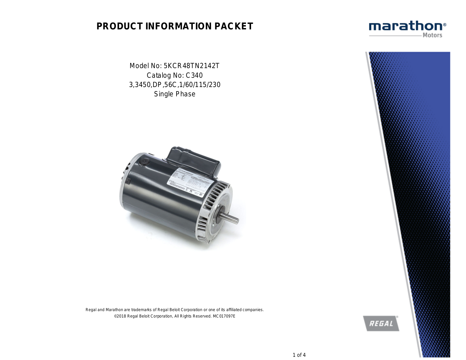 Marathon Electric 5KCR48TN2142T Product Information Packet