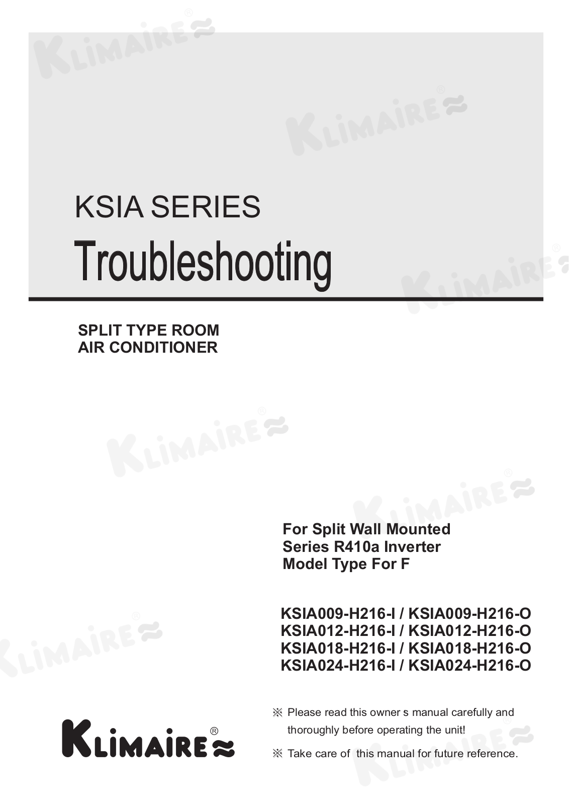 Klimaire KSIA024H216S Troubleshooting Guide