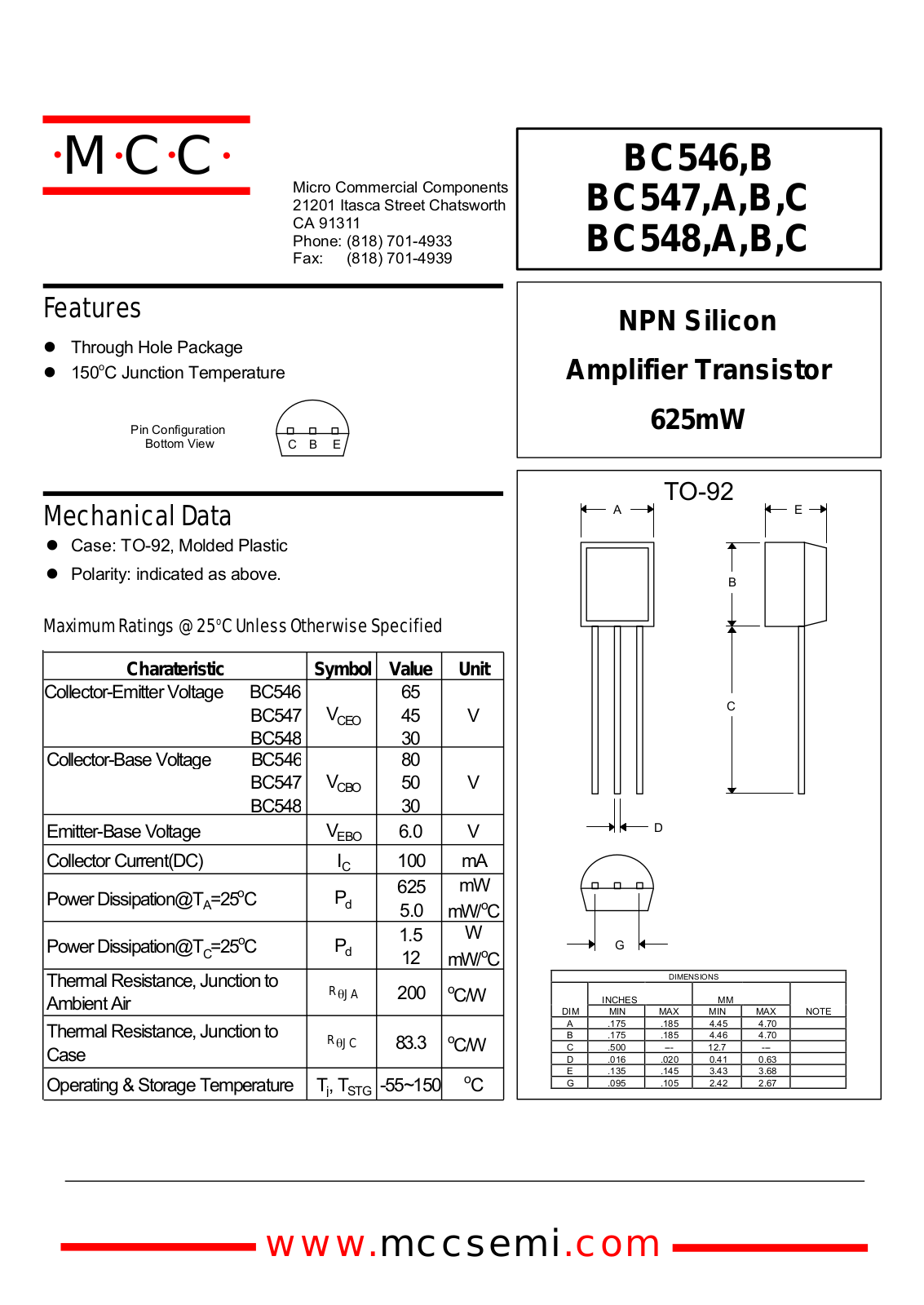 MCC BC548C, BC548, BC548B, BC548A, BC547B Datasheet