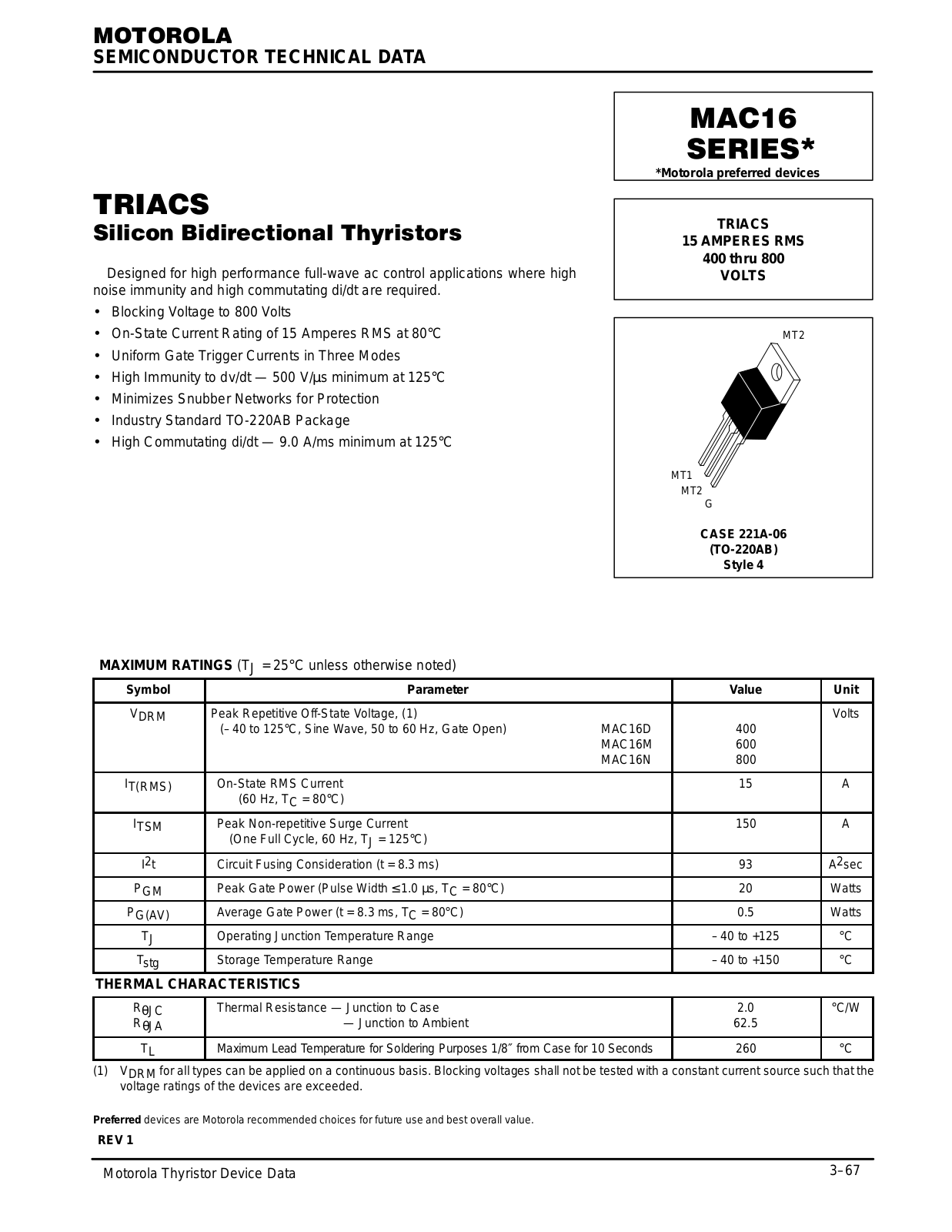 Motorola MAC16N, MAC16D, MAC16M Datasheet