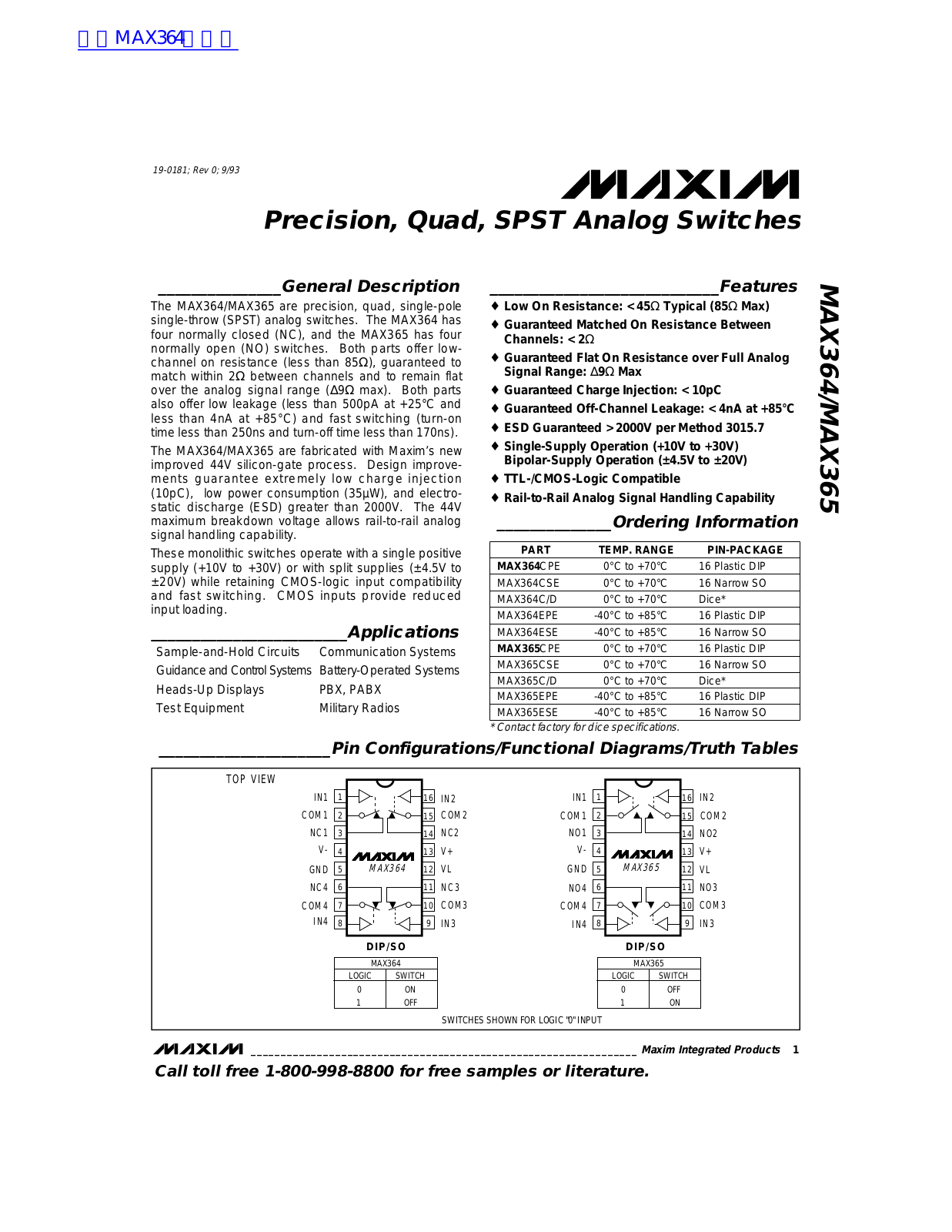 MAXIM MAX364, MAX365 Technical data