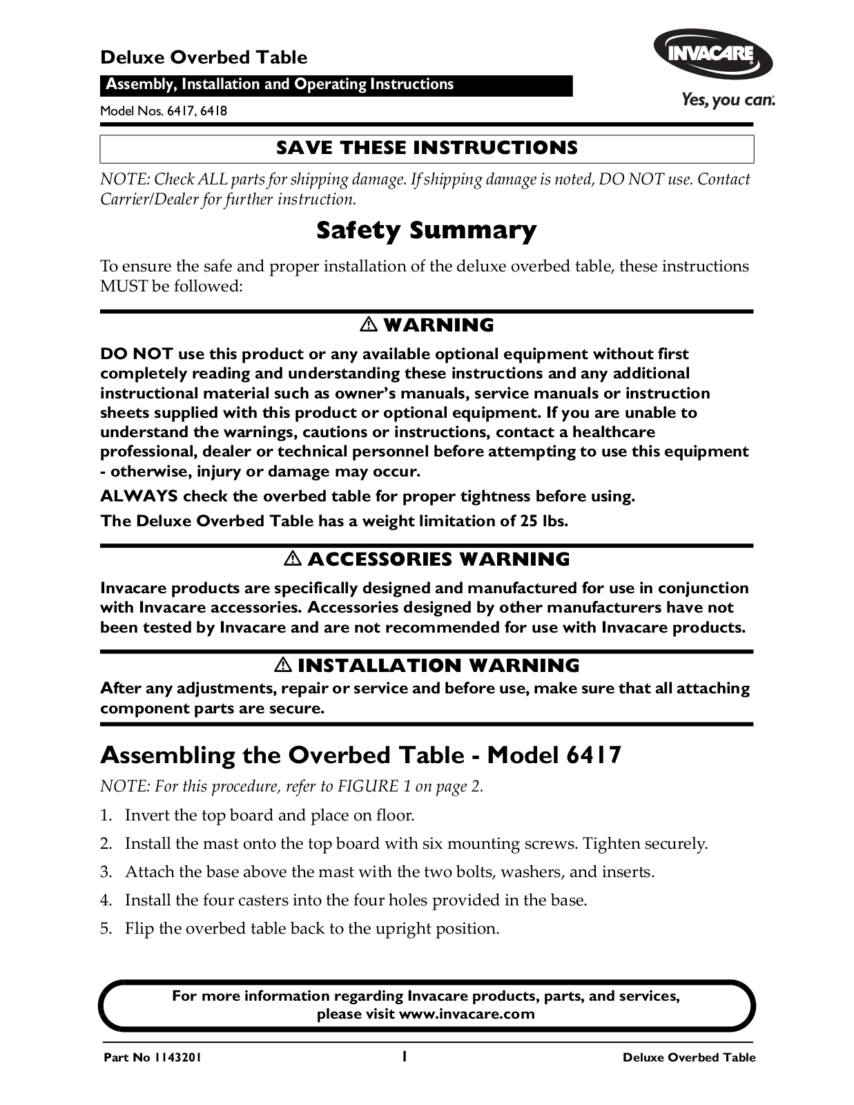 Invacare 6418, 6417 User Manual