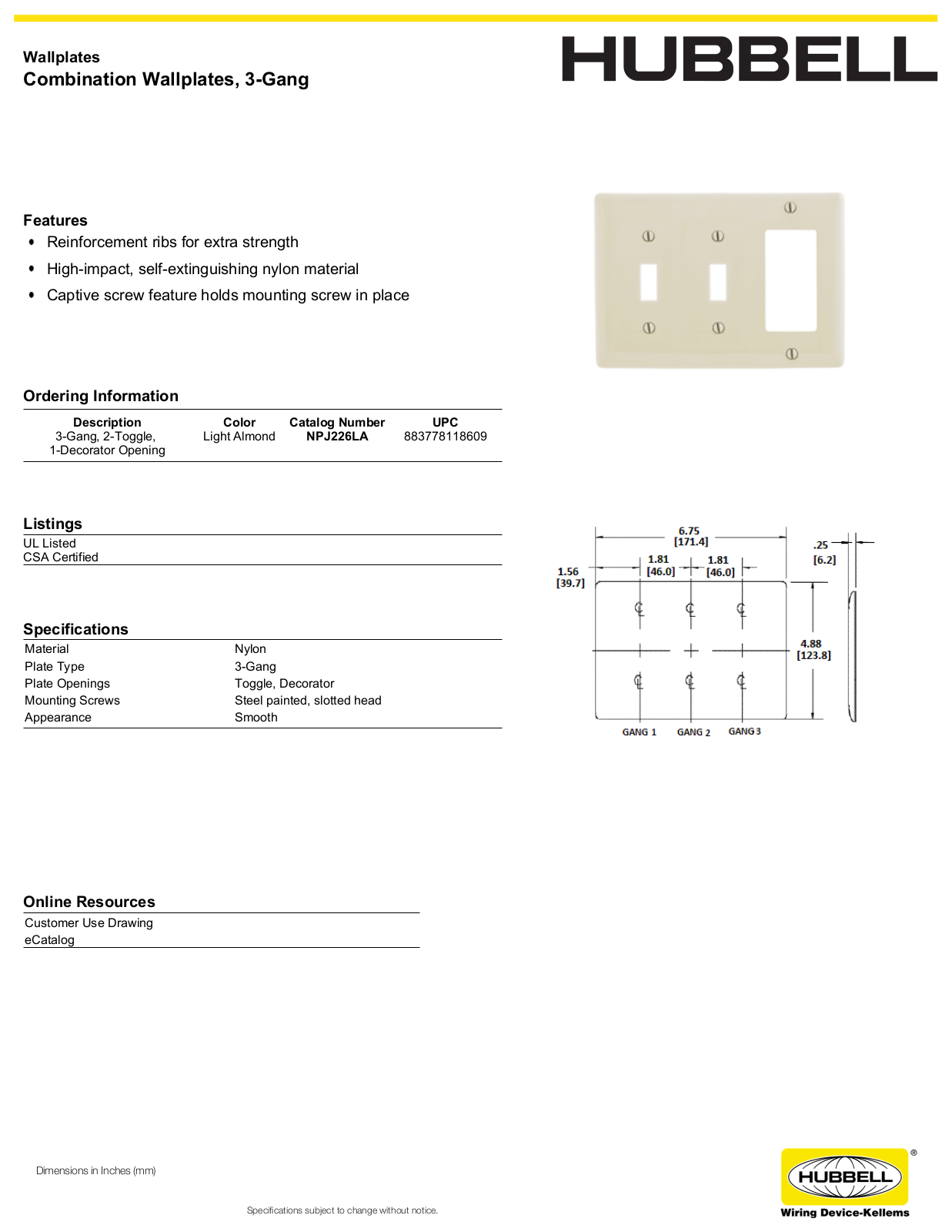 Hubbell NPJ226LA Specifications