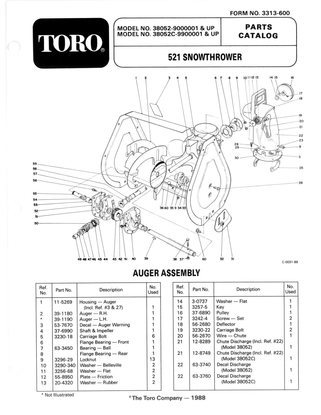 Toro 38052, 38052C Parts Catalogue