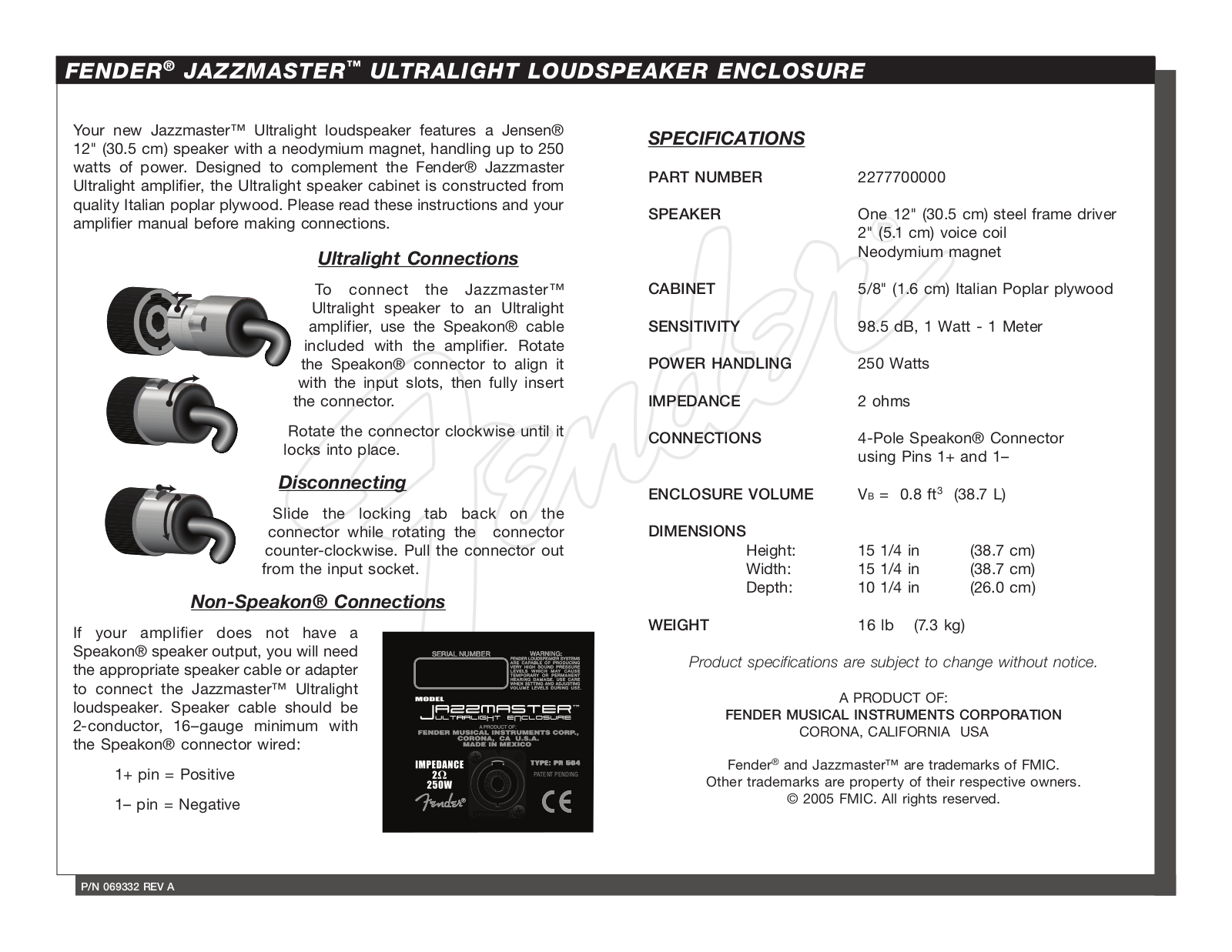 Fender JazzMaster Ultralight Loudspeaker Enclosure User Manual