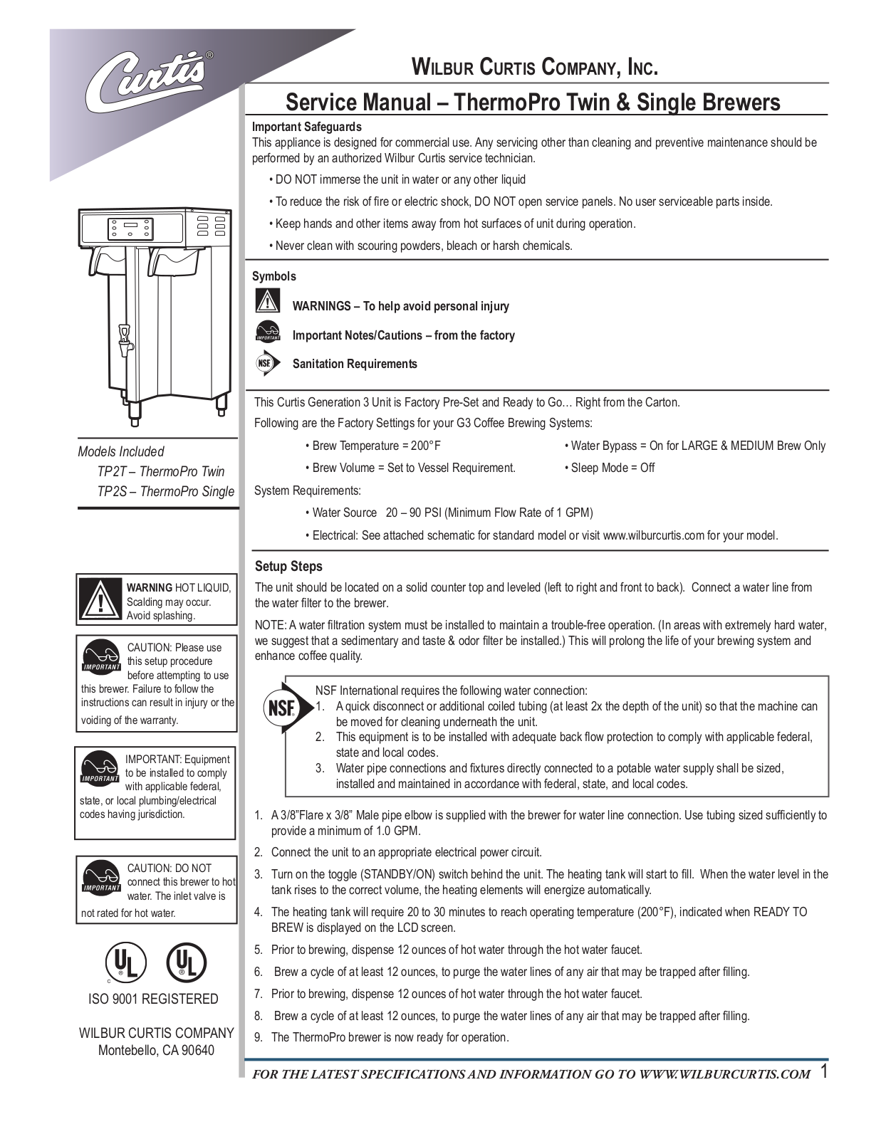 Wilbur Curtis TP15T16A1100 Service Manual