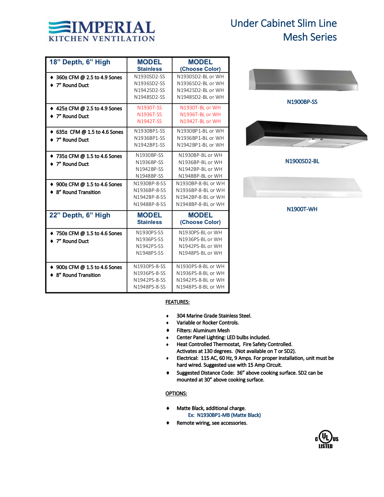 Imperial N1942TWH Specifications