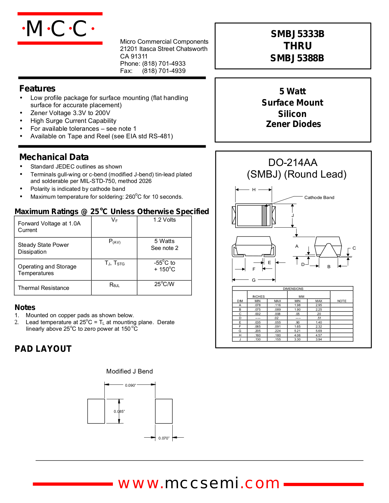 MCC SMBJ5334B, SMBJ5335B, SMBJ5336B, SMBJ5337B, SMBJ5338B Datasheet