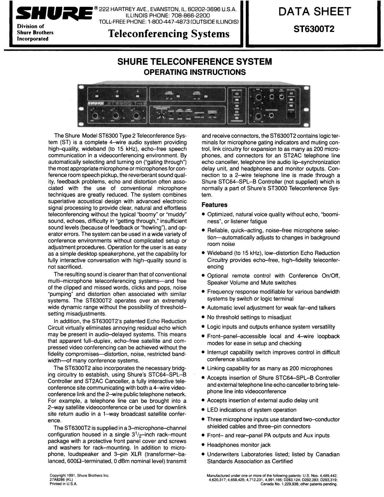 Shure ST6300T2 Operating Manual