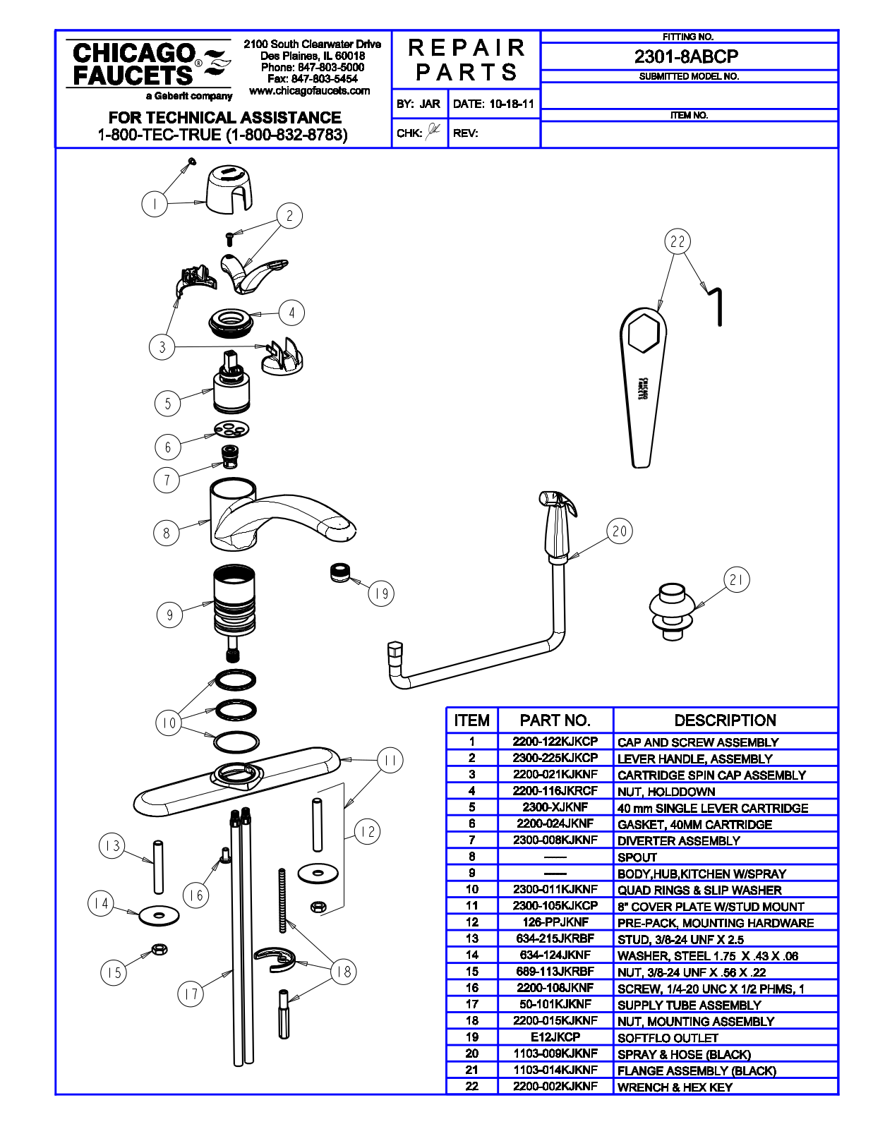 Chicago Faucet 2301-8AB Parts List