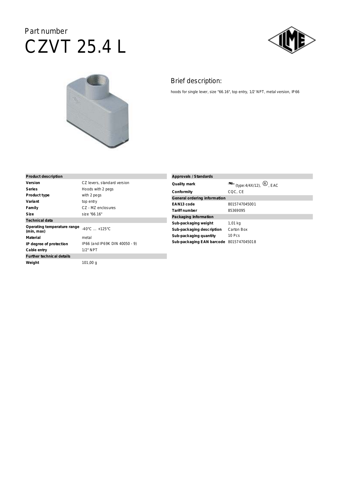 ILME CZVT-25.4L Data Sheet