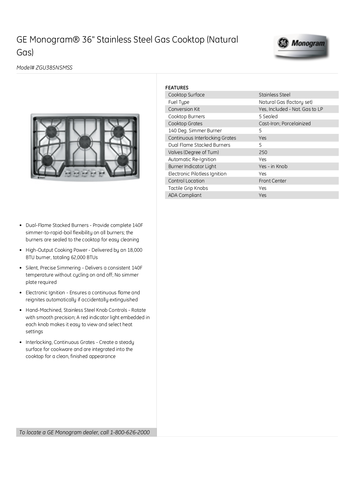 Monogram ZGU385NSMSS Product Feature manual