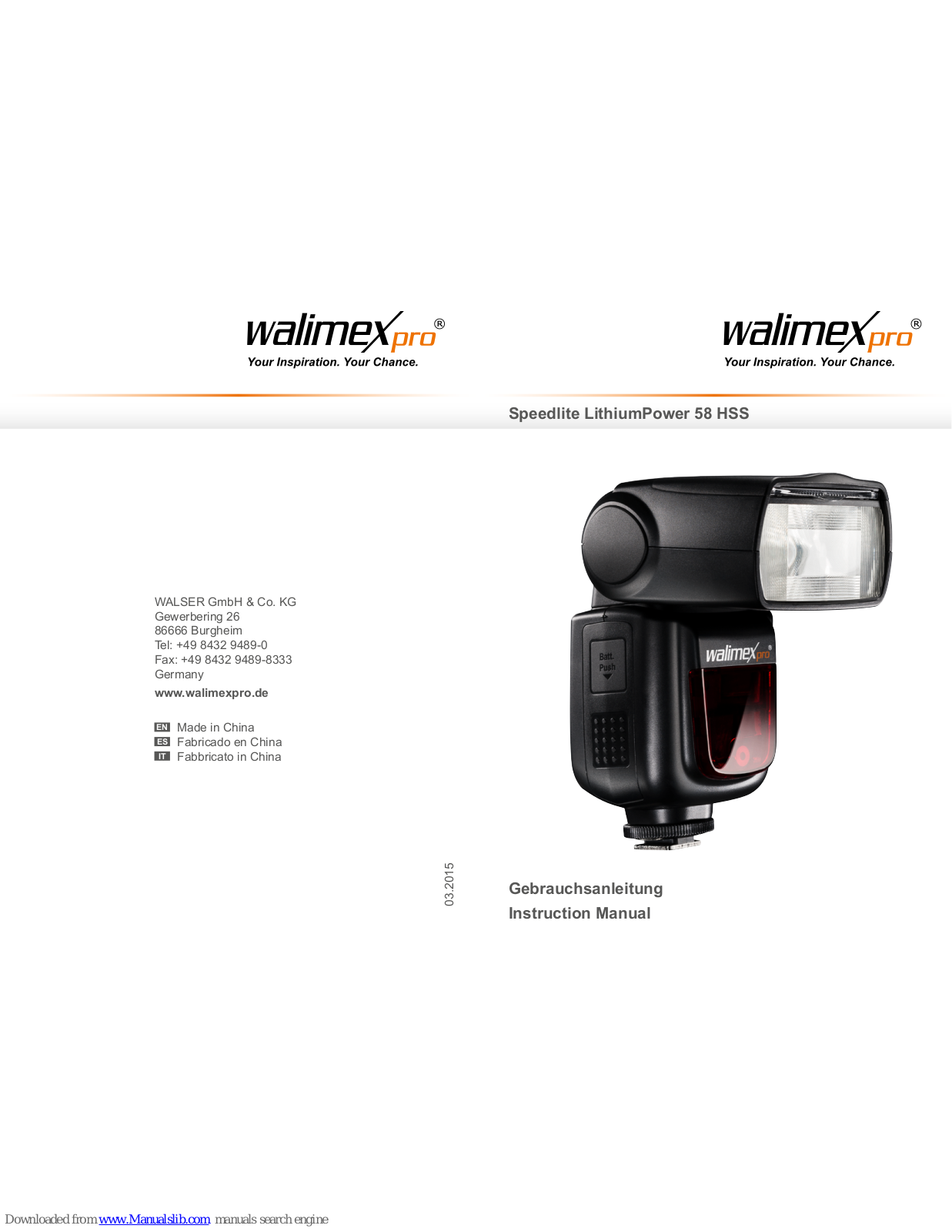 Walimex Pro Speedlite LithiumPower 58 HSS Instruction Manual