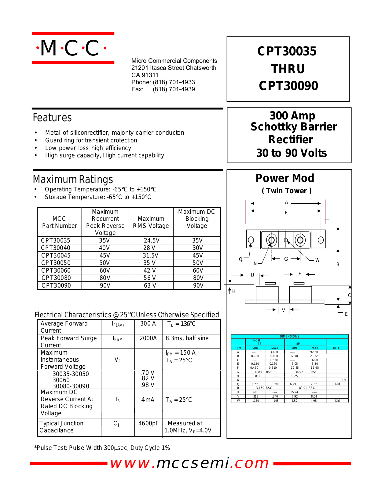 MCC CPT30090, CPT30080, CPT30060, CPT30050, CPT30045 Datasheet