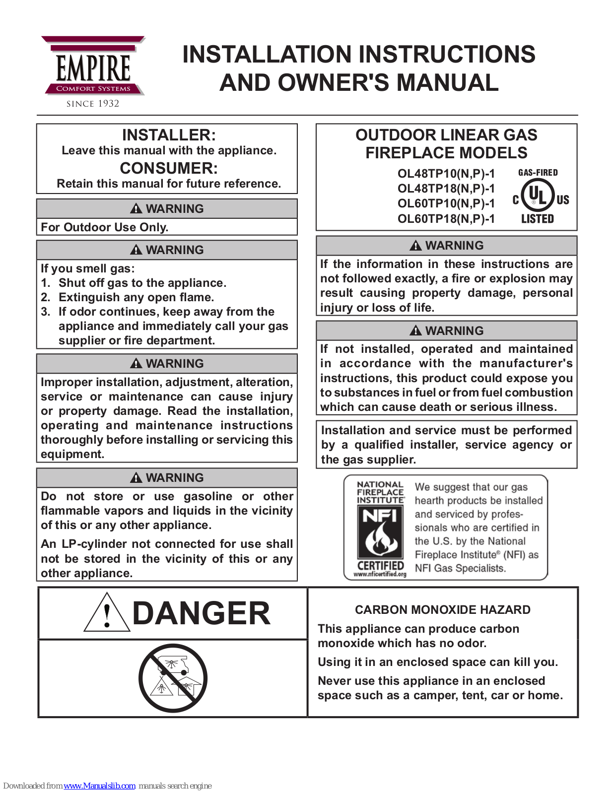 Empire OL48TP10N-1, OL48TP18N-1, OL60TP18N-1, OL48TP10P-1, OL48TP18P-1 Installation Instructions And Owner's Manual