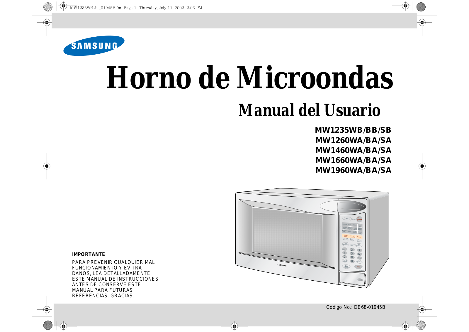 Samsung MW1960WA, MW1660WA, MW1460WA, MW1260WA, MW1235WB User Manual