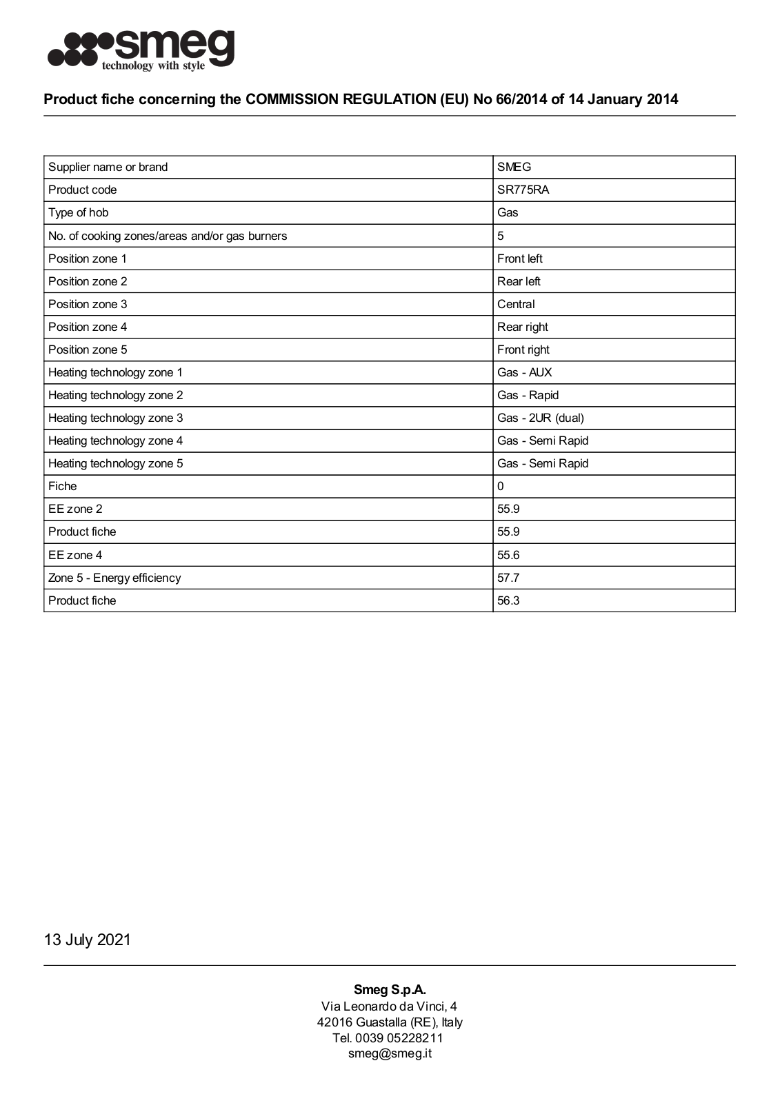 Smeg SR775RA product information sheet