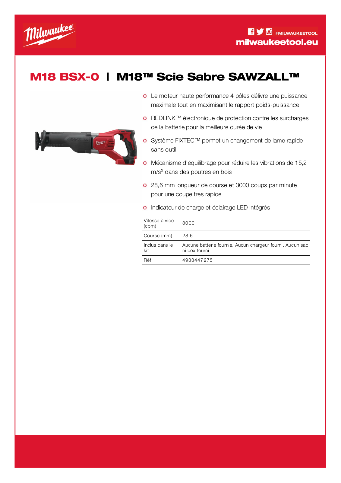 Milwaukee 4933447275, M18 BSX-0 Specification - ManualMachine.com