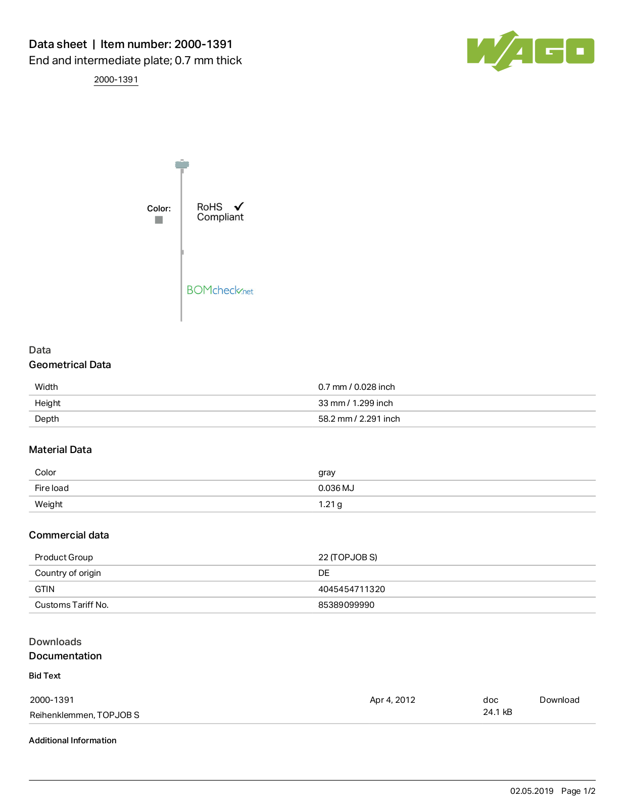 Wago 2000-1391 Data Sheet