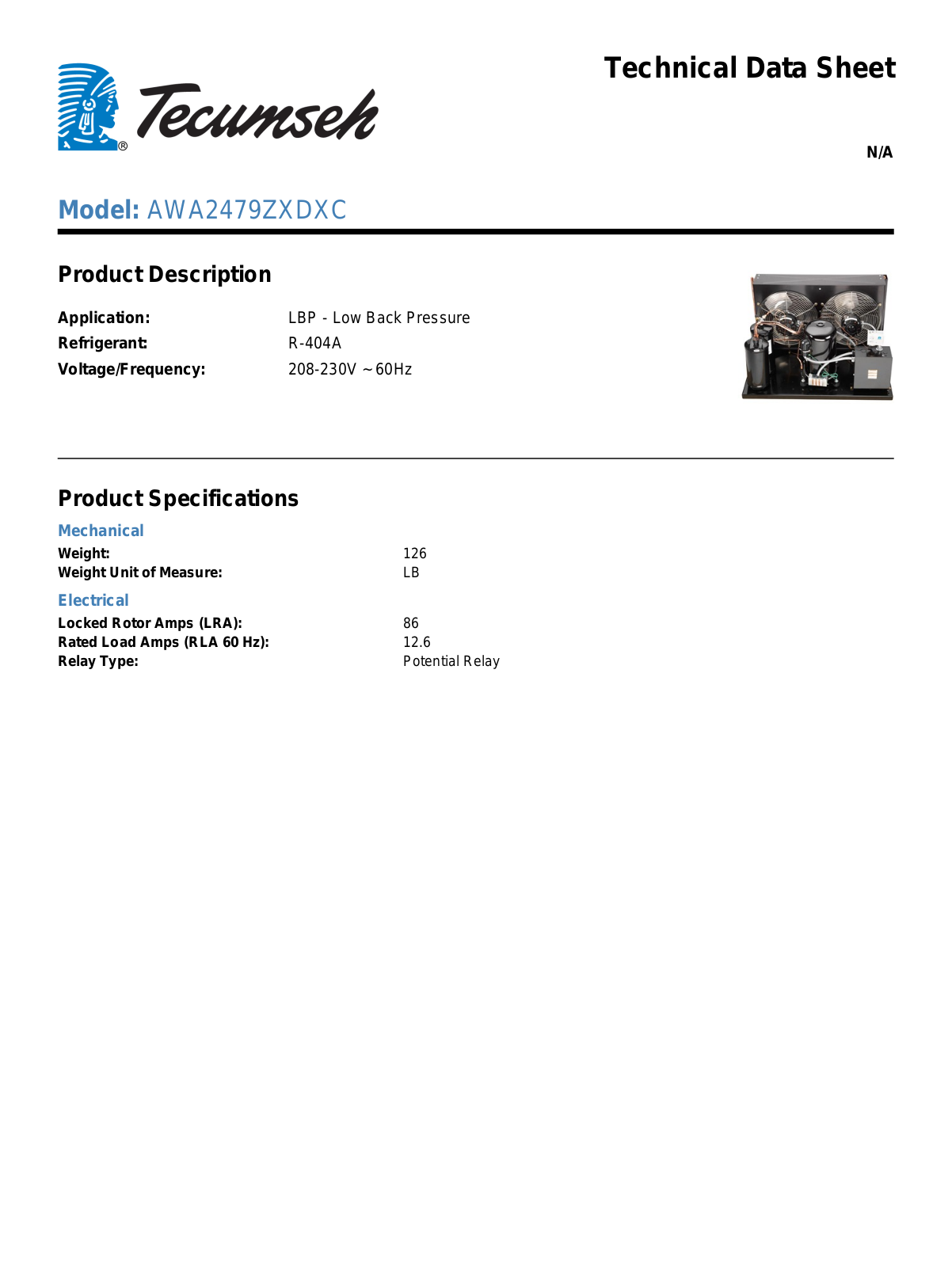 Tecumseh AWA2479ZXDXC Technical Data Sheet