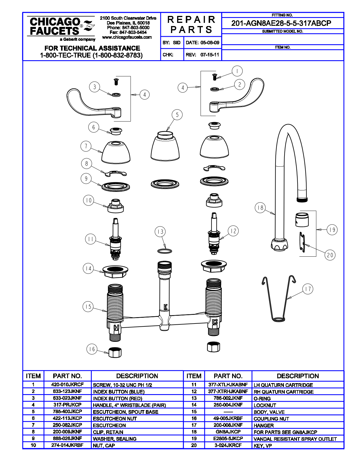 Chicago Faucet 201-AGN8AE28-5-5-317ABCP Parts List