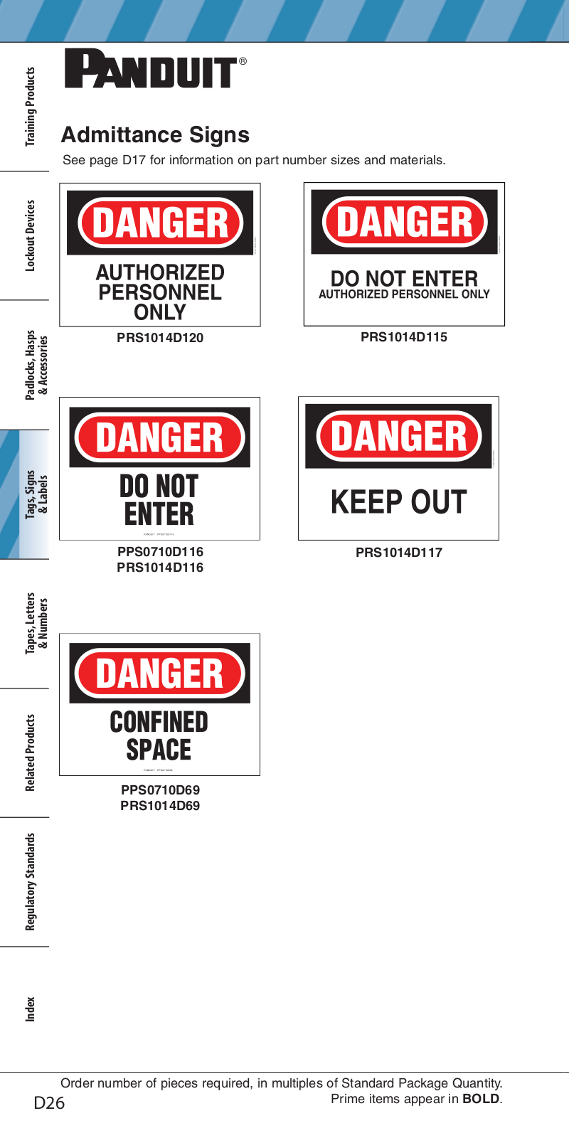 Panduit Admittance Signs Catalog Page