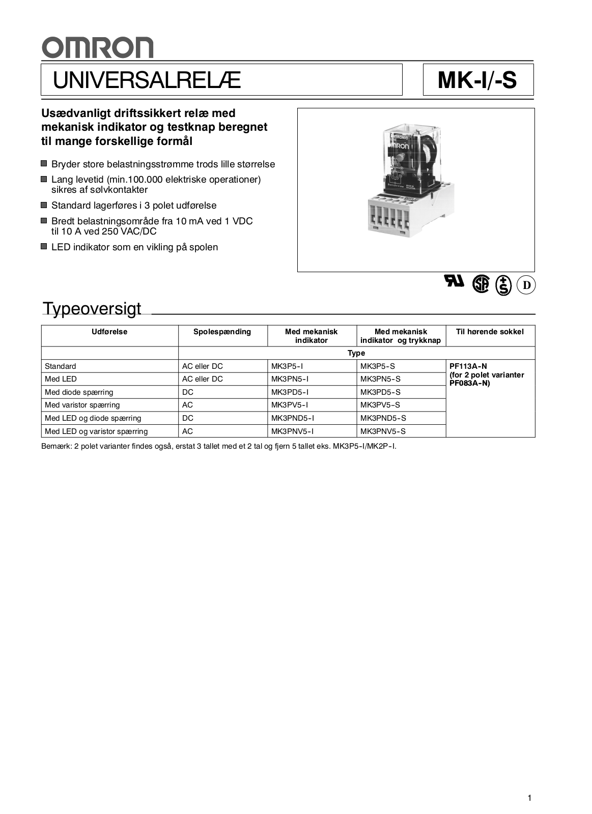 Omron MK-I, MK-S DATASHEET